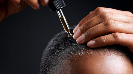 Woman's hands applying nourishing oil serum with a dropper directly to her natural afro hair scalp, focusing on hair growth, hydration, and overall haircare health
