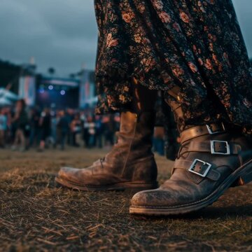 A worn moto boot and floral dress at a music festival at dusk. An edgy and stylish concept for festival fashion and outdoor events.