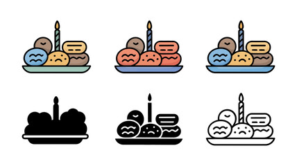 Vector art of set of six hanukkah sufganiyot and candles in various styles