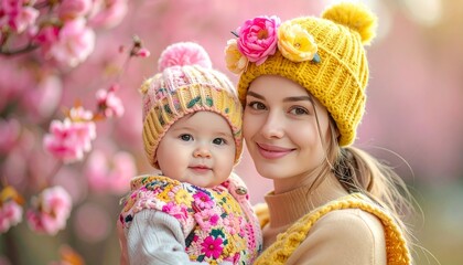 Obraz premium Joyful Mother and Baby A Blooming Springtime Portrait in Pink and Yellow