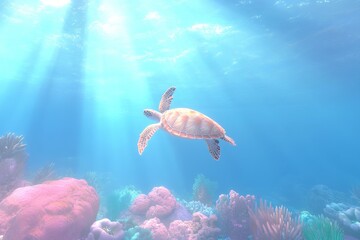 Fototapeta premium Serene underwater scene with graceful turtle in vibrant coral reef