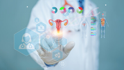 Doctor hand in gloves touching virtual medical interface with uterus diagram, healthcare icons, human anatomy and DNA graphics, modern technology in gynecology and fertility treatment.