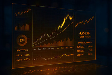 Financial data analytical hologram, futuristic trading dashboard, stock market graph