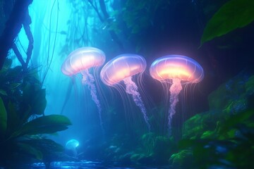 Fototapeta premium Enchanting underwater life with glowing jellyfish in mystical ocean scene
