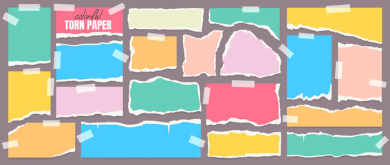 Set of colorful torn paper sheet or ripped business notebook page with grunge texture and paint brush stroke effect. Newspaper strip, ribbon, adhesive tape, glued plastic sticker or sticky note mockup