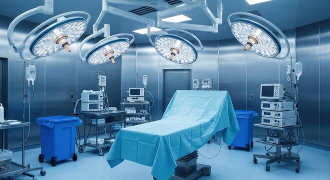 Sterile operating room with blue surgical lights and covered table