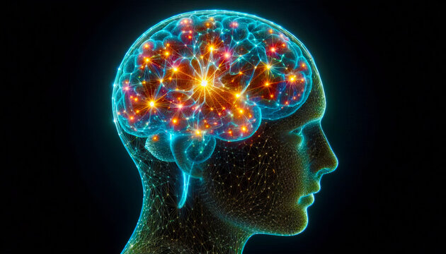 Conceptual 3d render of a human brain as a glowing neural network, connections and data flow