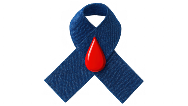Diabetes awareness: blue ribbon and red droplet, created AI, PNG