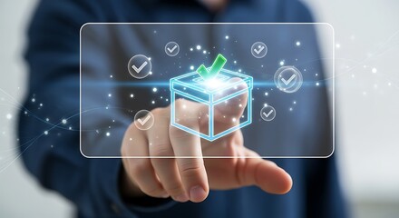 Businessman using online voting application on digital interface with checkmarks, concept of internet election and evoting, modern technology for democracy and participation