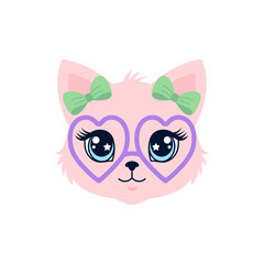 Cute pink kitten face illustration with purple heart glasses and mint green bows. Trendy vector for love themes, fashion apparel, and stickers.