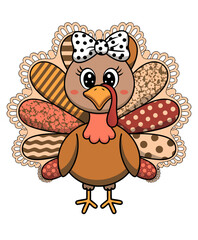 A cartoon illustration of a cute turkey character
with a decorative lace border