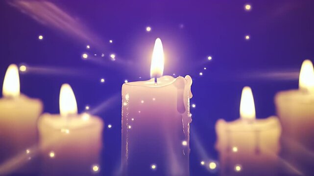 Advent background banner, purple to blue smooth gradient, glowing candle light effect with four advent candles softly blurred at edges