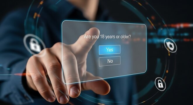 Man interacting with a digital screen asking if he is 13 years or older, concept of age verification, online safety, data protection, and parental control system