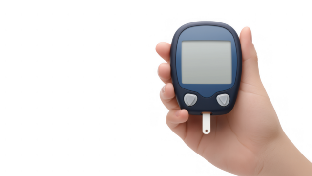 Hand displays a glucose meter for diabetes management, created AI, PNG