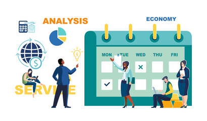 Calendar on which people make business notes, a blue clock.Business presentation, businessmen Europeans and African-Americans, girls, workers. Team work self-employed. Green design Vector illustration