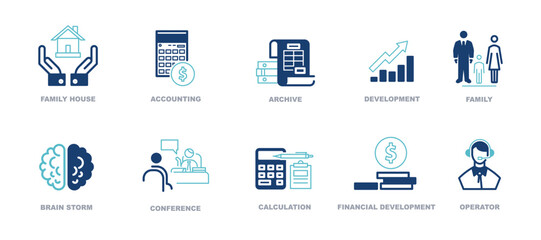 Business infographics icons. Legal services, SEO, sign. Set of investment icons. Economy, money fund, dollar, investor, assets, risk management, financial profit, blue design. Vector illustration