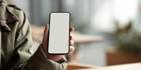 Raised hand holding smartphone with blank screen on beige background.