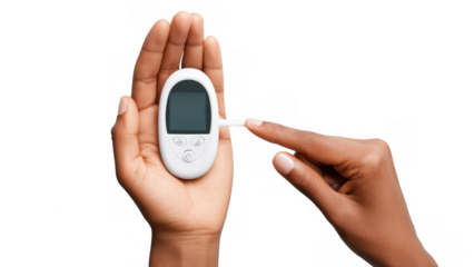 Person checks blood sugar using a glucose meter at home, AI, PNG