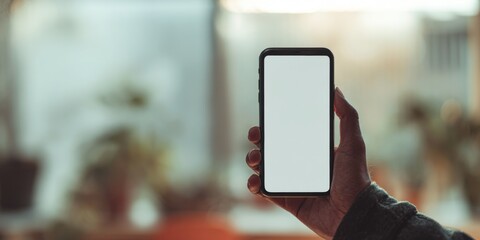 Raised hand holding smartphone with blank screen on beige background.
