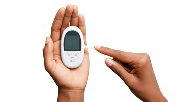 Person checks blood sugar using a glucose meter at home, AI, PNG