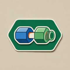 Graphic design features a blue hex nut and a green connector joined together, set against a plain background, highlighting their mechanical interaction.