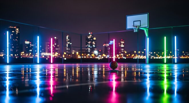 Neon basketball court at night with city skyline reflection. - Powered by Adobe