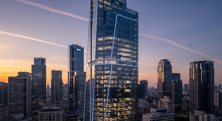Obraz premium Corporate Modern Office Skyscraper with Futuristic Glass Facade