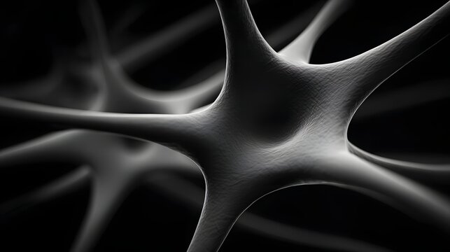 Abstract,  view showcasing interconnected, star-like structures with a 3D appearance and soft, diffused lighting against a black background, evoking a sense of complex networks and a scientific or...