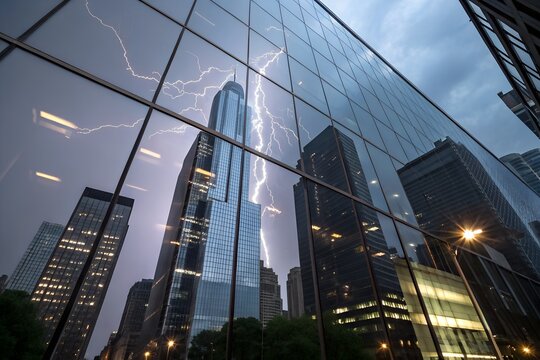 Lightning storm reflected in modern city skyscraper glass building at night