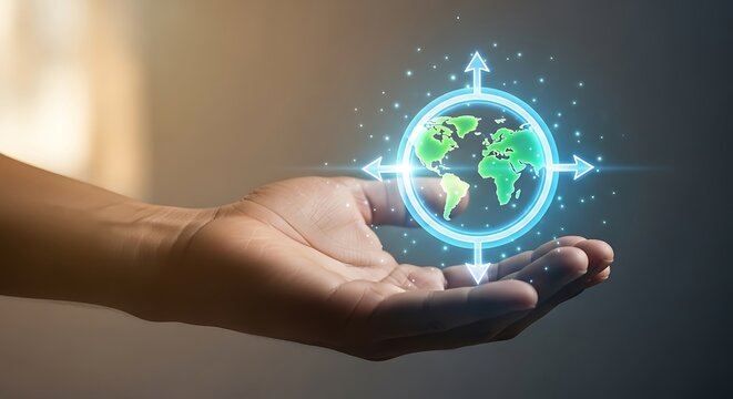 A hand holding a digital globe with glowing arrows pointing in all directions, symbolizing global reach, connection, and expansion in a modern and technological context - Powered by Adobe