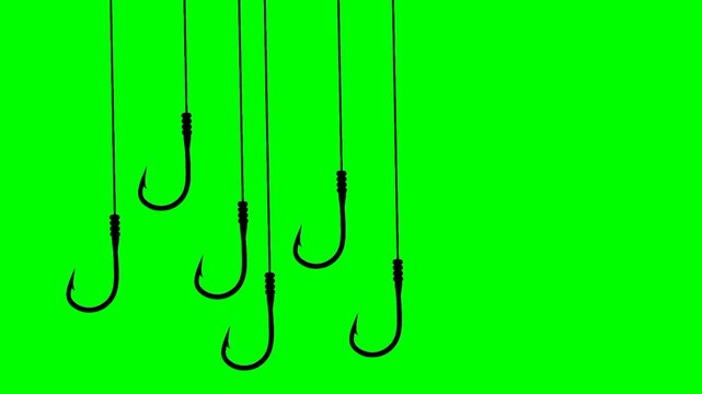 Animation of many fishing hooks moving down and then up against a green background. The concept of catching fish in the ocean.