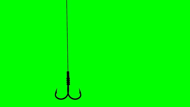 Animation of a fishing hook moving down and then up against a green screen background. Concept of catching fish in the ocean. Great for animation or comics.