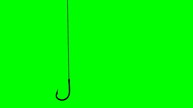 Green screen animation of a fishing hook descending into the water with the line. Concept animation of catching fish in the ocean. The lowered fishing hook is black.