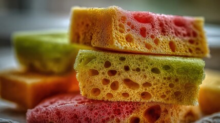 Brightly colored sponges in shades of pink, yellow, and green are stacked together, showcasing their porous texture in natural light.