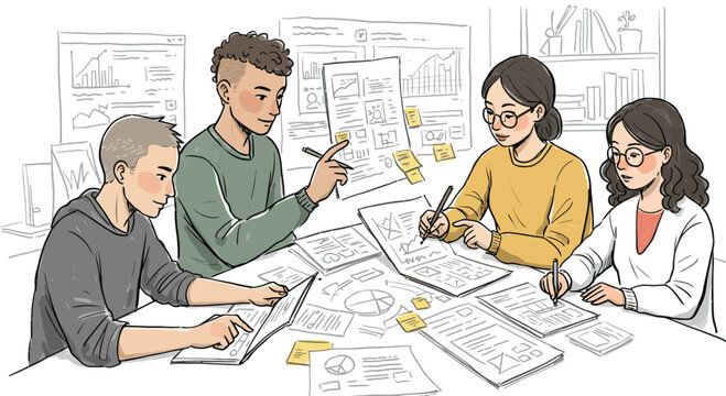 Diverse team of professionals collaborating on business strategy and data analysis