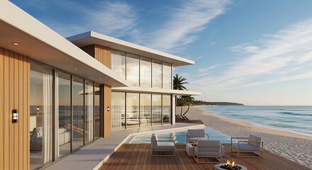 Fototapeta premium Modern Beachfront House with Ocean View and Outdoor Seating.
