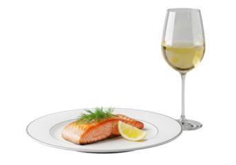 Perfectly pan-seared salmon with crispy skin, dill, and lemon on a white plate, beside a crystal glass of chilled white wine, isolated on a transparent background. Gourmet dining concept