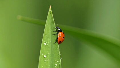 A detailed macro shot of a ladybug on a green leaf