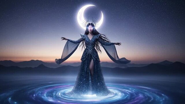 Mystical Night Goddess with Crescent Moon - A cinematic video of a mystical goddess standing in a cosmic vortex, with a shining crescent moon above her head.