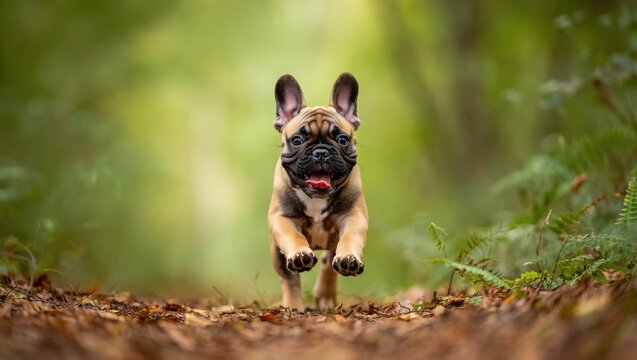 Playful French Bulldog Puppy Running Outdoors On Forest Path - Powered by Adobe