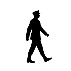 Silhouette of a military officer in uniform walking forward silhouette flat design vector illustration white background