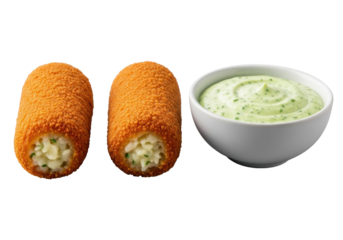 Three golden-brown crispy potato croquettes in a precise row, a small white bowl with vibrant green chive aioli on a transparent studio background, close-up, culinary advertising concept