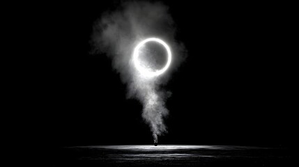 Illuminated ring of light, surrounded by swirling smoke rising from a dark surface, creating a mysterious atmosphere against a black background.