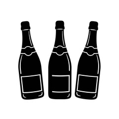 Three silhouetted champagne bottles with labels celebrating festive occasions or events silhouette flat design vector illustration white background