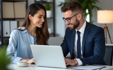 Fototapeta premium Beautiful young business woman and handsome businessman in formal suits are using gadgets, talking and smiling while working in office. High quality
