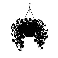 Silhouette of cascading petunias in a hanging flower pot a decorative botanical element silhouette flat design vector illustration white background