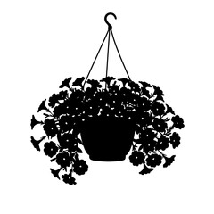 Silhouette of a hanging flower basket filled with petunias ideal for garden decor and floral designs silhouette flat design vector illustration white background