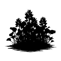 Silhouette of aquatic plant cluster with spiky flowers and broad leaves for nature design silhouette flat design vector illustration white background