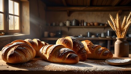 Fresh Artisan Bread and Croissants on Rustic Wooden Table
