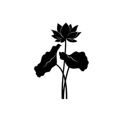 Elegant silhouette of a blooming lotus flower with large leaves in artistic black and white silhouette flat design vector illustration white background